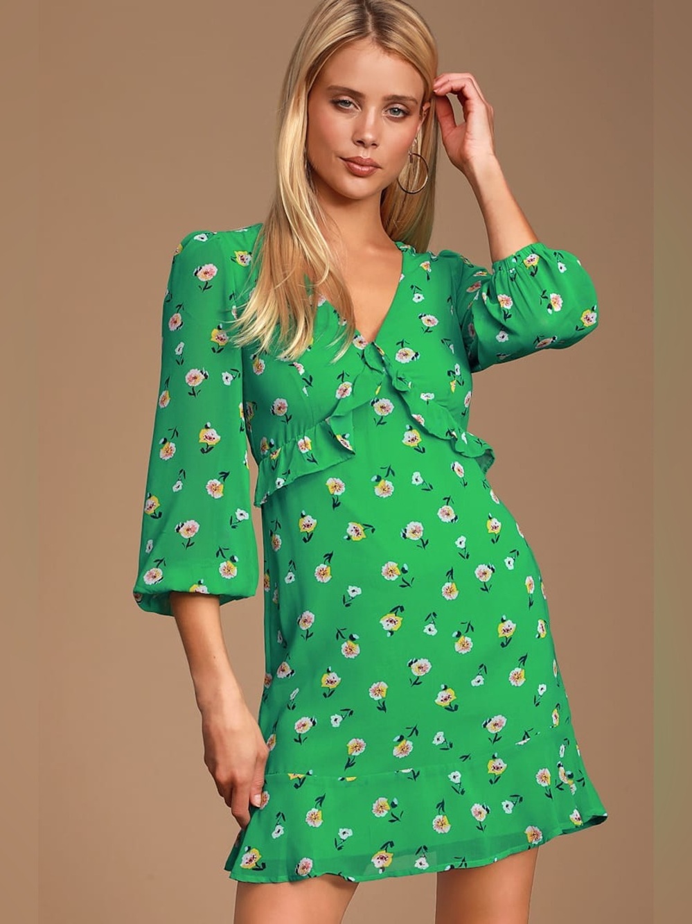 Lulu’s Field of Vision Green Floral Print Long Sleeve Mini Dress Small
